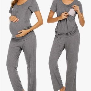 Dark Gray Maternity Nursing Pajama Set